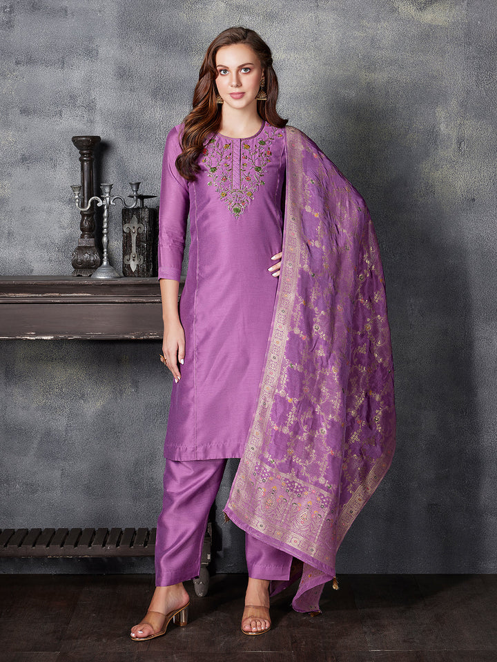 Lavender Semi Silk Suit Set