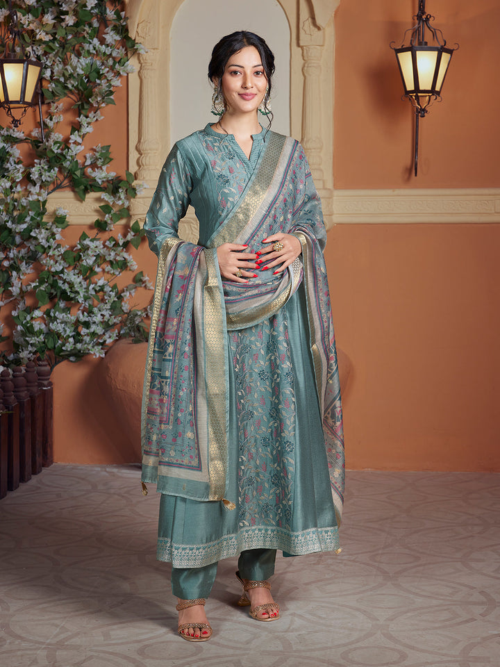 Grey Semi Silk Anarkali Set