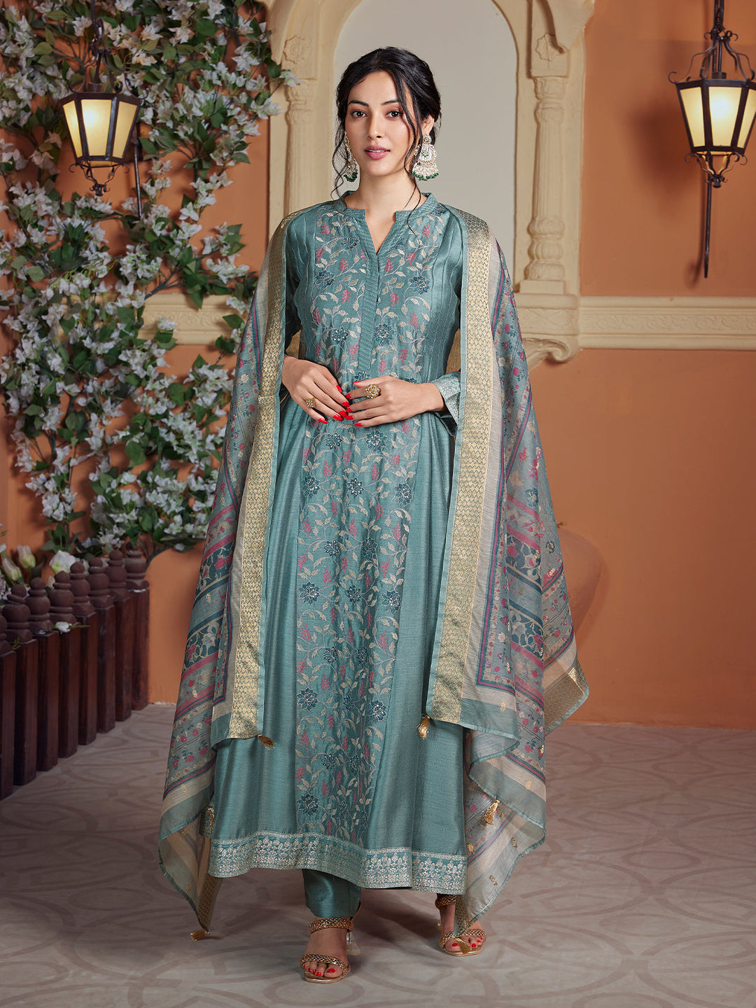 Grey Semi Silk Anarkali Set