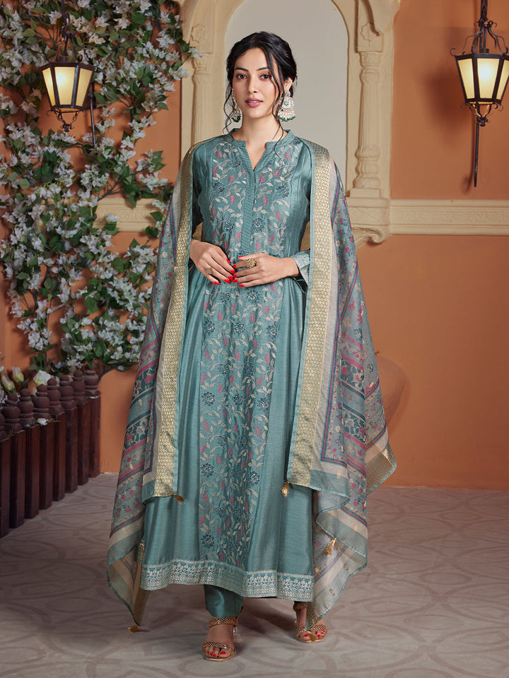 Grey Semi Silk Anarkali Set