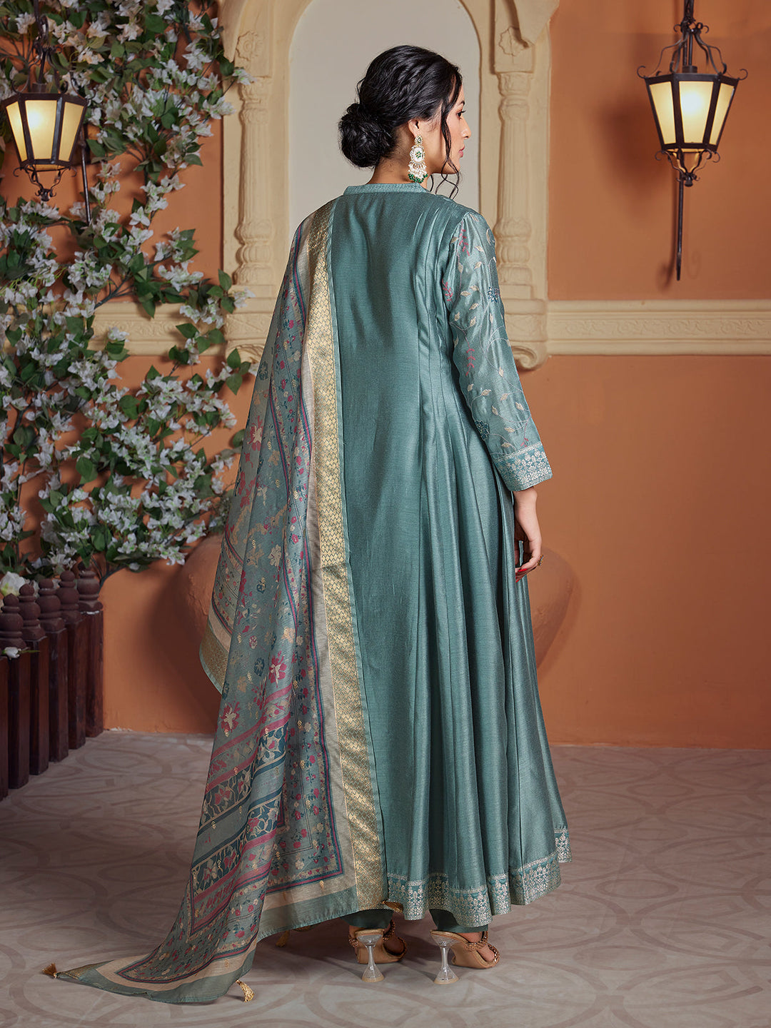 Grey Semi Silk Anarkali Set
