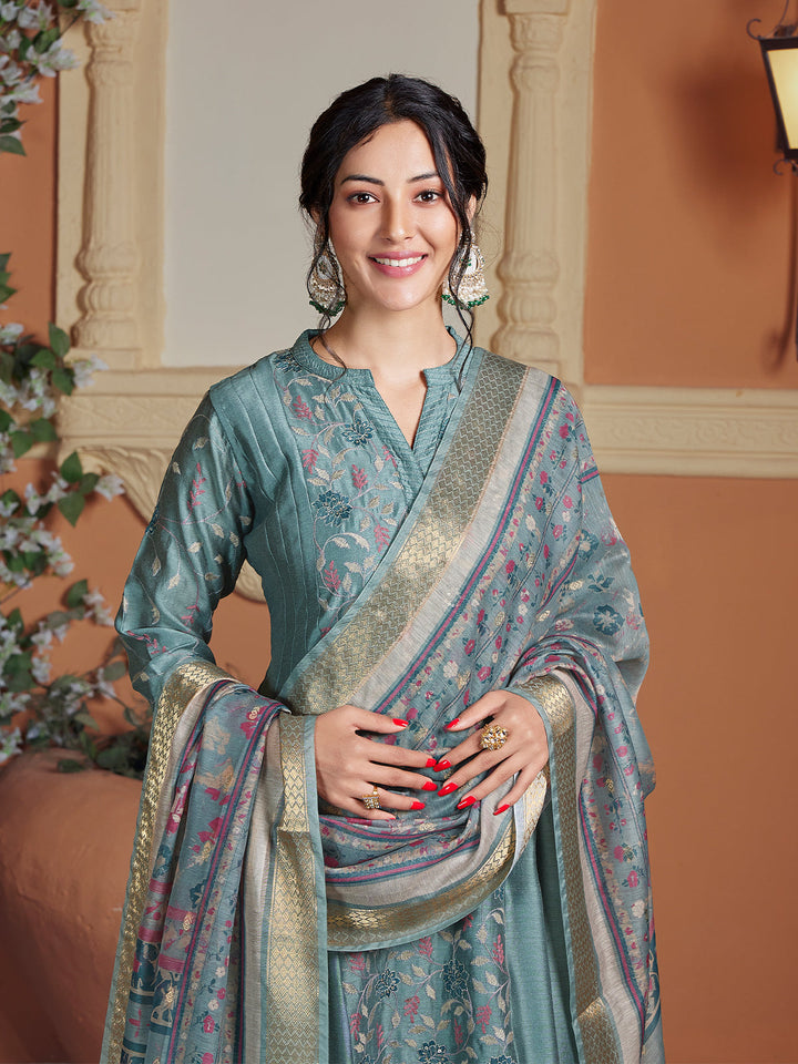Grey Semi Silk Anarkali Set