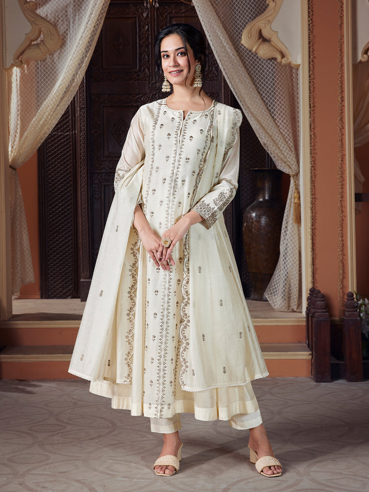 Cream Semi Silk Anarkali Set