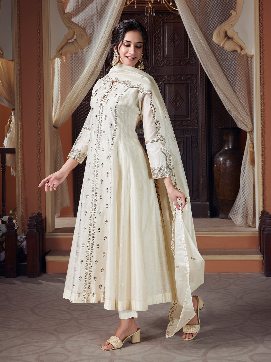 Cream Semi Silk Anarkali Set