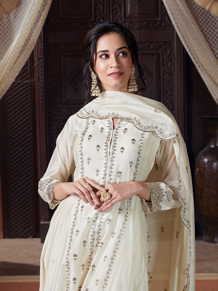 Cream Semi Silk Anarkali Set