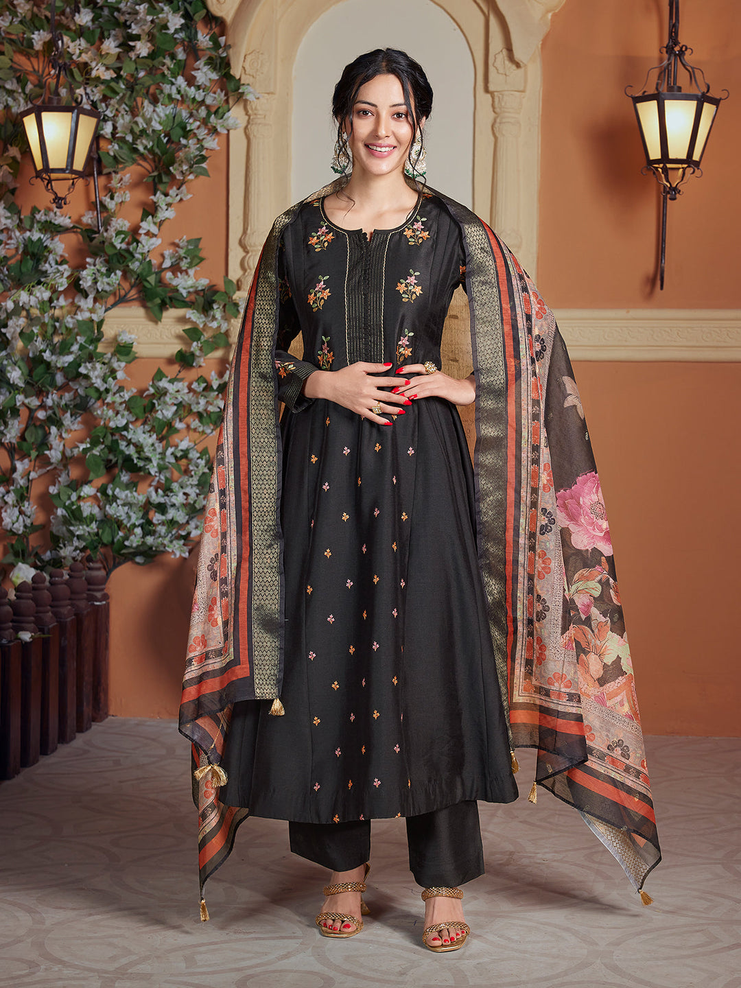 Black Semi Silk Anarkali Set