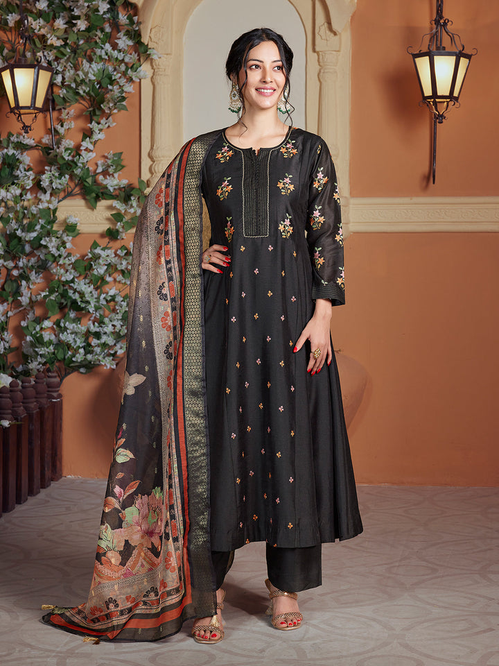 Black Semi Silk Anarkali Set