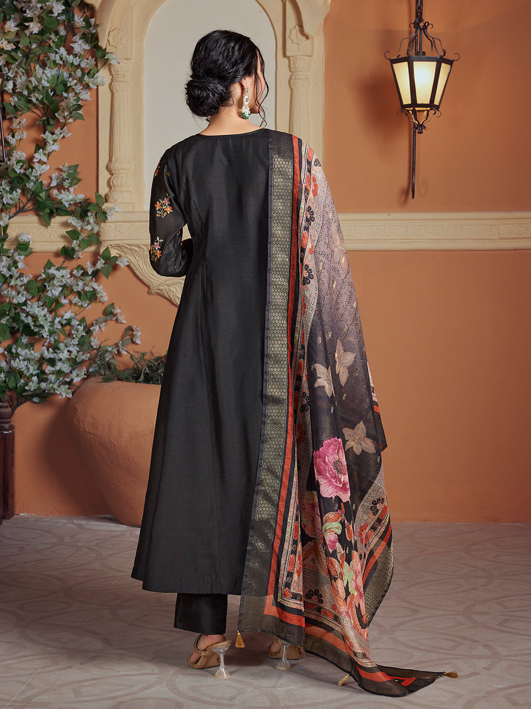 Black Semi Silk Anarkali Set