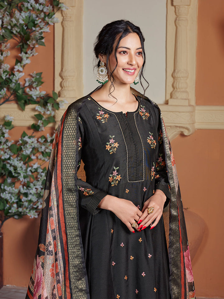 Black Semi Silk Anarkali Set