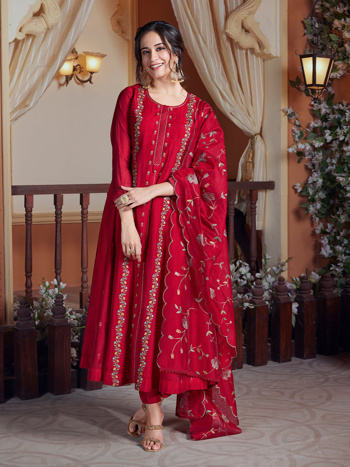 Red Semi Silk Anarkali Set