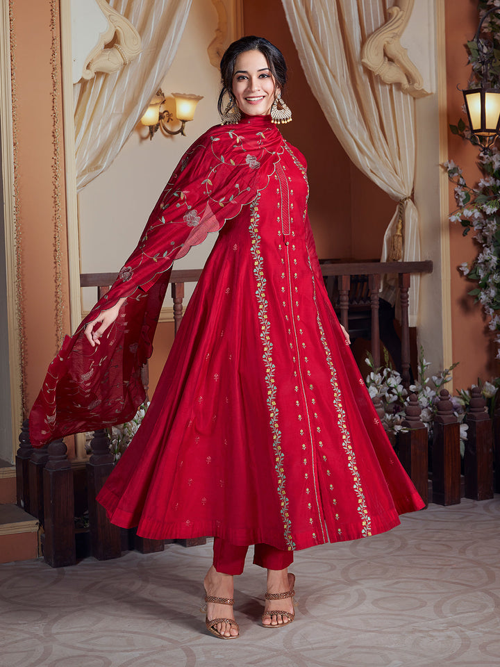 Red Semi Silk Anarkali Set