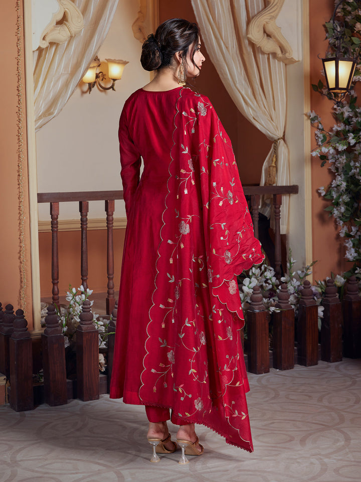 Red Semi Silk Anarkali Set