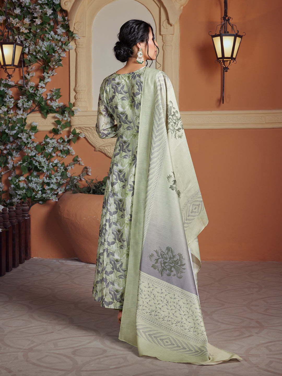 Sage Green Semi Silk Anarkali Set
