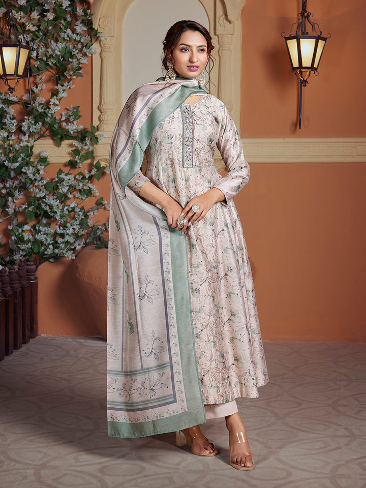 Light Grey Semi Silk Anarkali Set