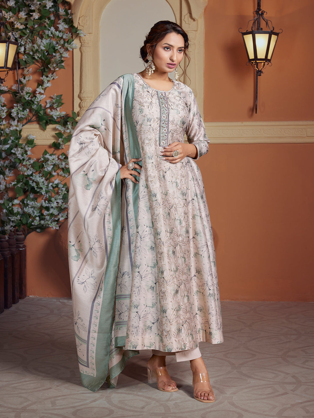 Light Grey Semi Silk Anarkali Set