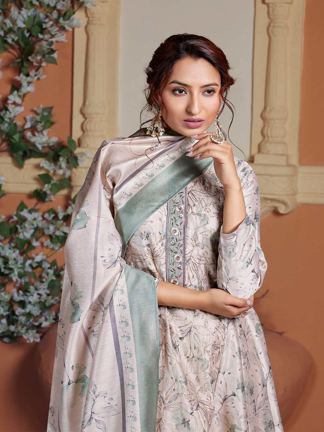 Light Grey Semi Silk Anarkali Set
