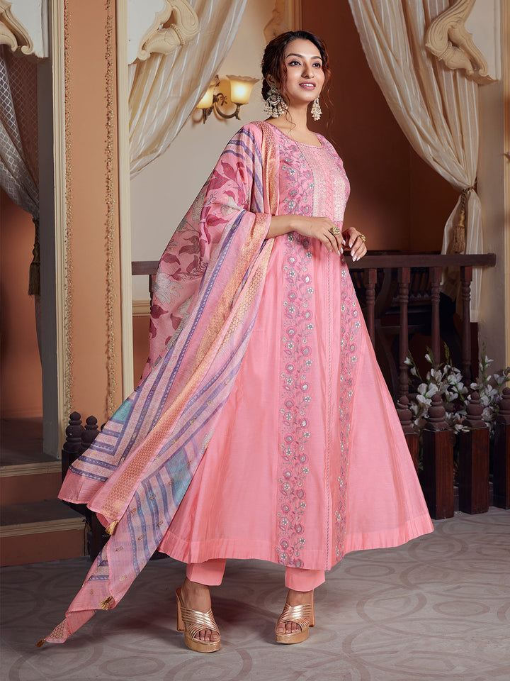 Rose Pink Semi Silk Anarkali Set