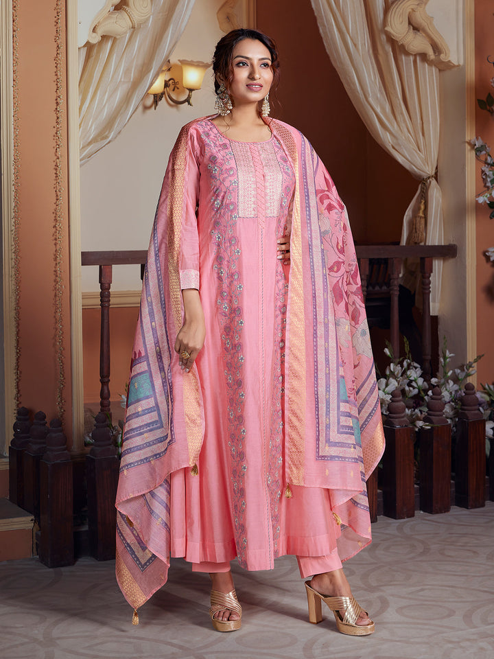 Rose Pink Semi Silk Anarkali Set