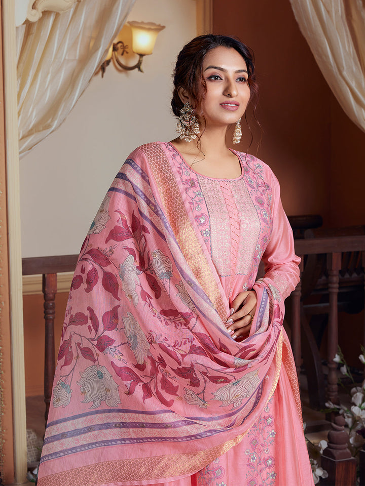 Rose Pink Semi Silk Anarkali Set