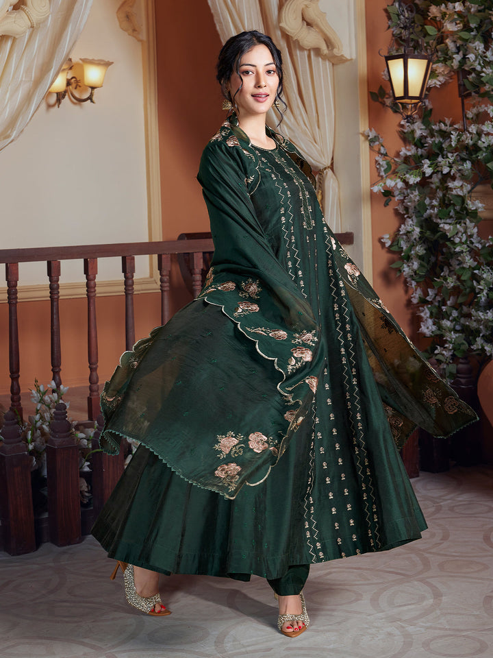 Forest Green Semi Silk Anarkali Set