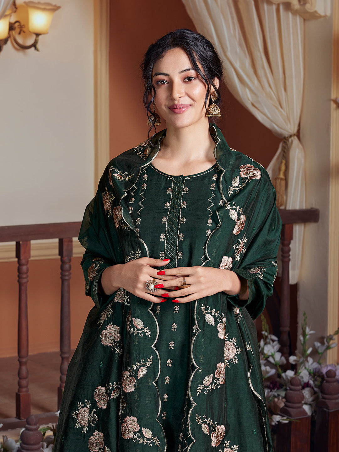 Forest Green Semi Silk Anarkali Set