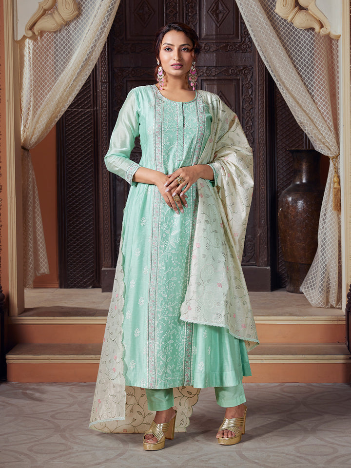 Light Turquoise Semi Silk Anarkali Set