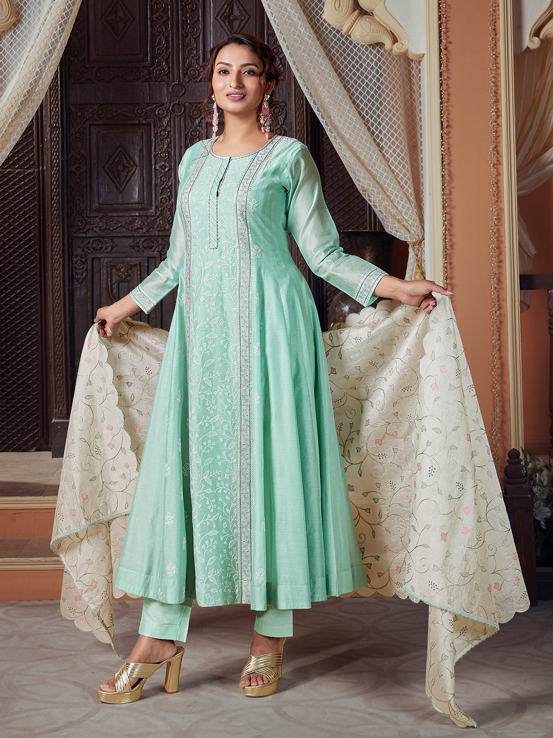 Light Turquoise Semi Silk Anarkali Set