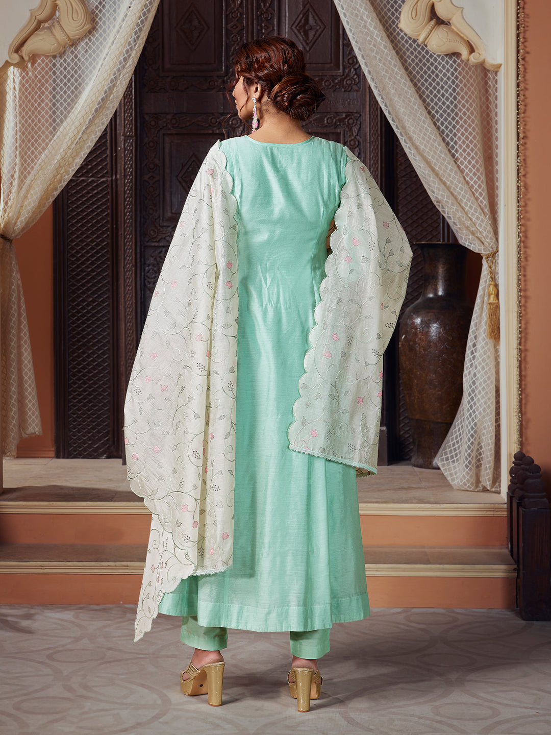 Light Turquoise Semi Silk Anarkali Set