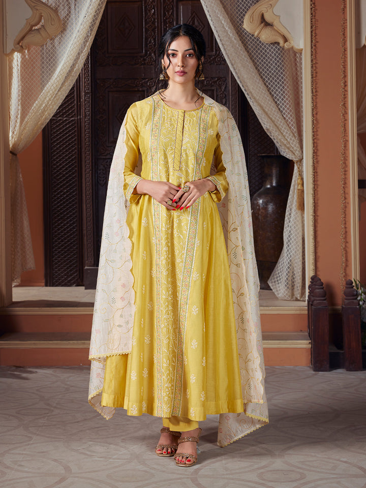 Lemon Yellow Semi Silk Anarkali Set