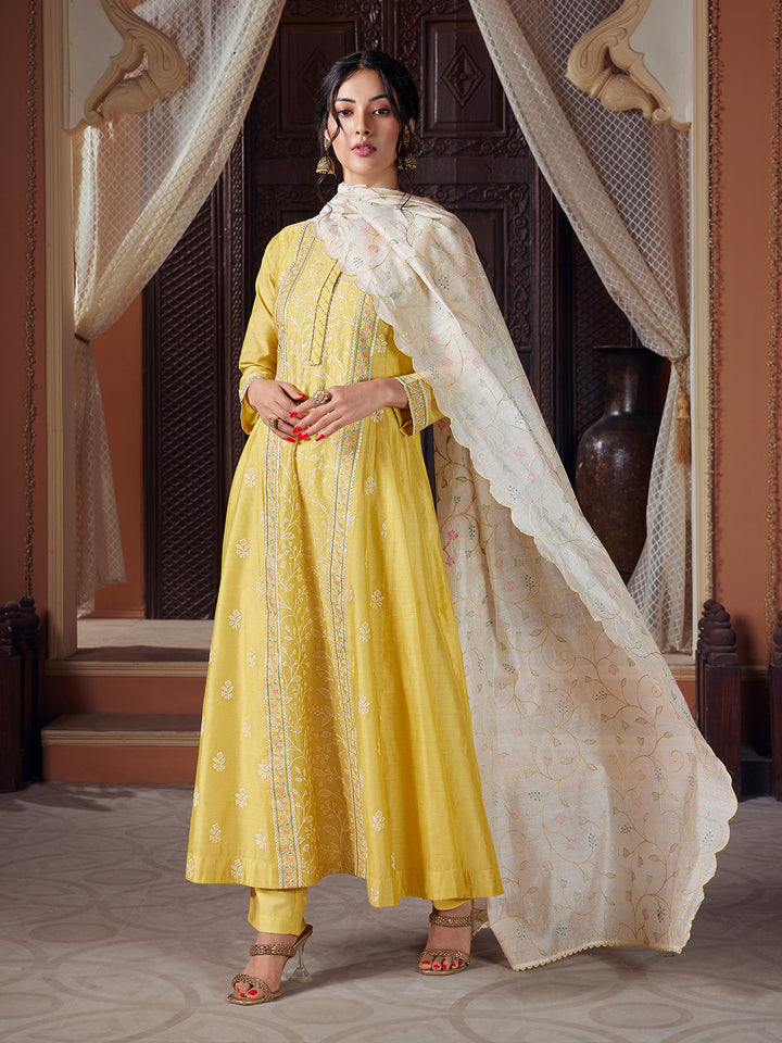 Lemon Yellow Semi Silk Anarkali Set
