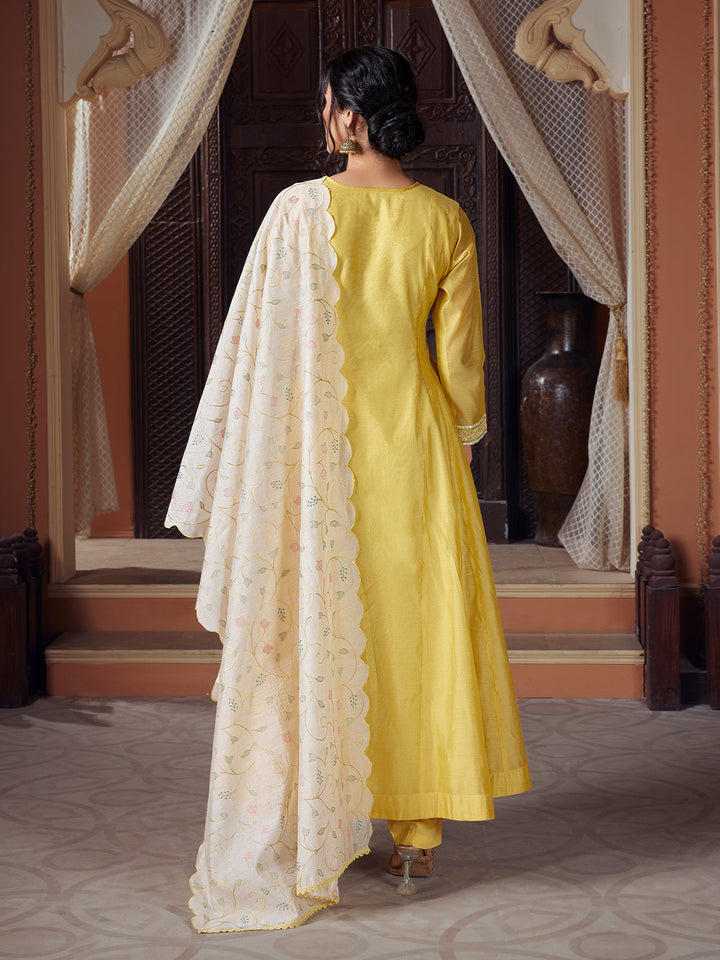 Lemon Yellow Semi Silk Anarkali Set