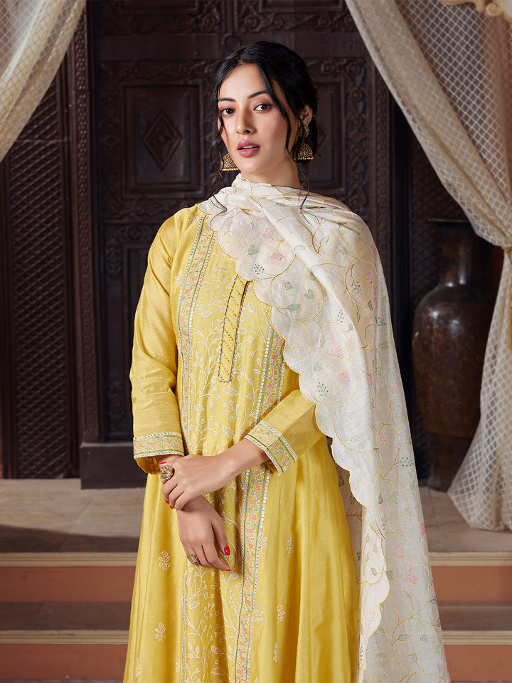 Lemon Yellow Semi Silk Anarkali Set