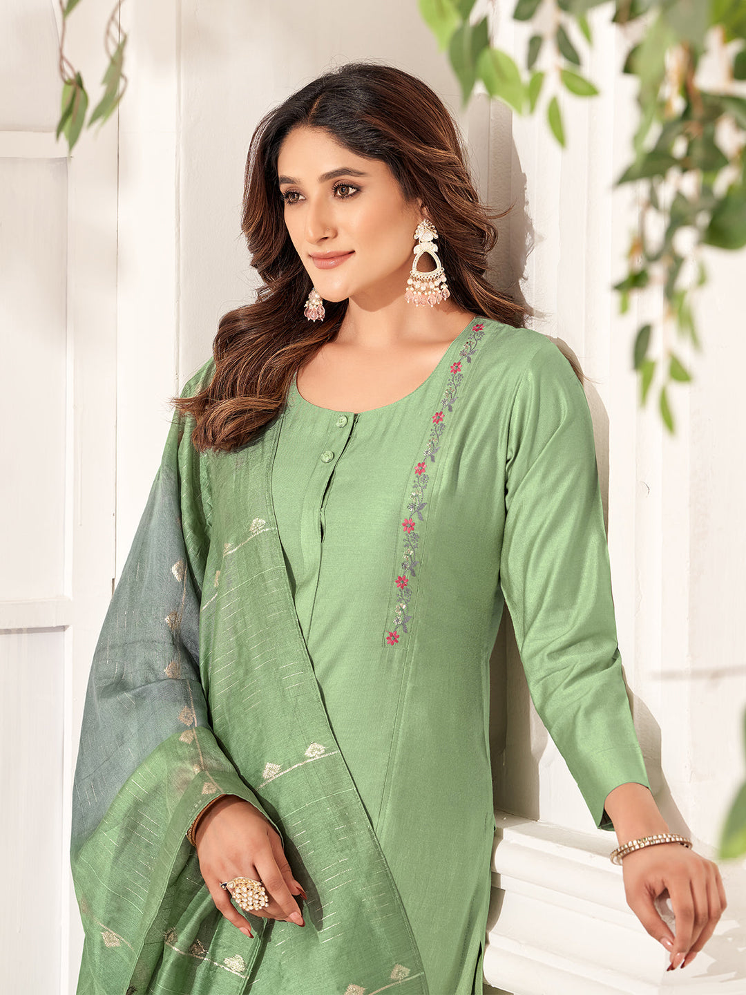 Green Embroidered Suit Set