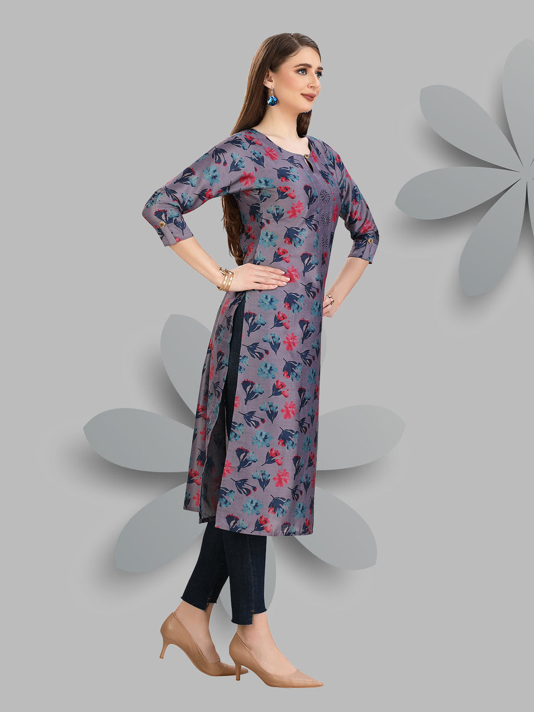 Purple Floral Chanderi Kurti