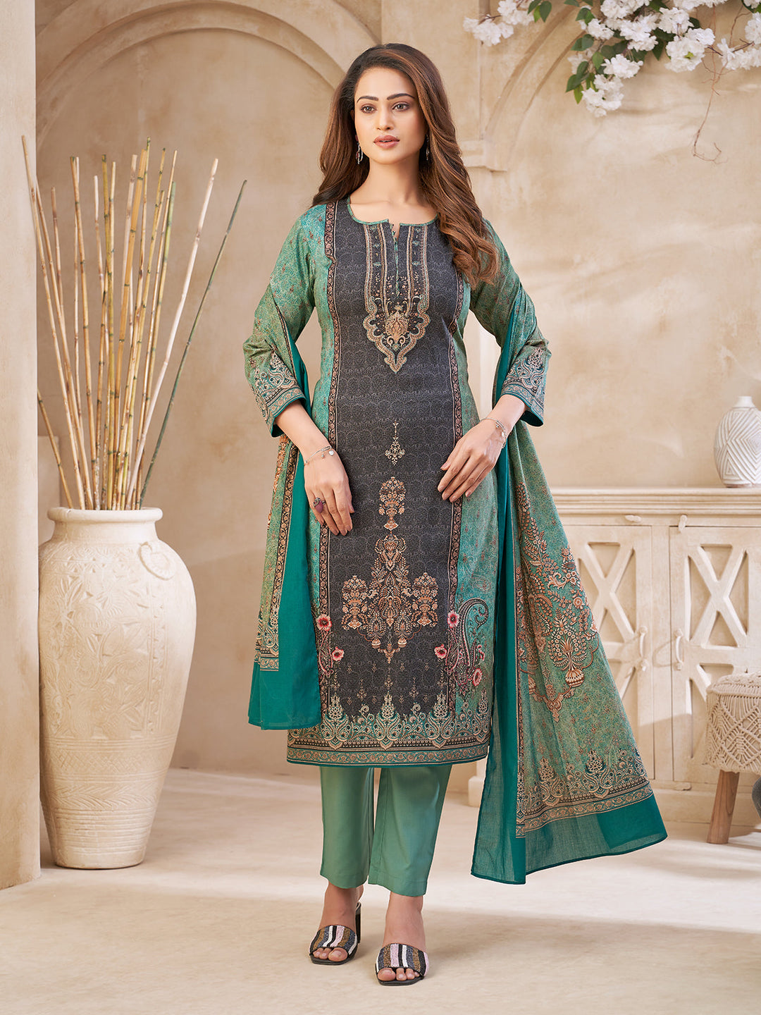 Turquoise Floral Cotton Suit Set