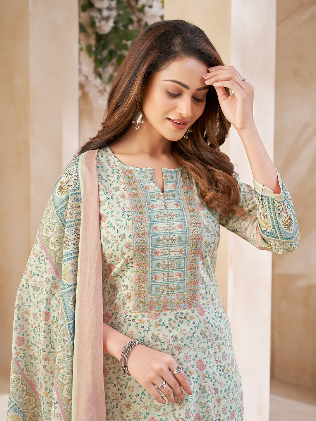 Light Green Floral Cotton Suit Set