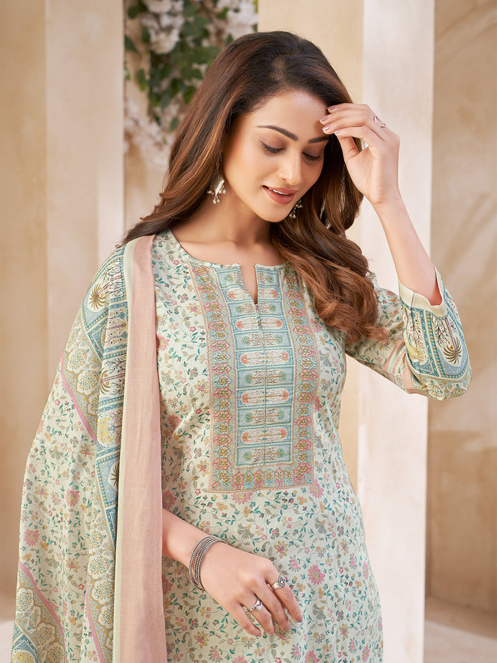 Light Green Floral Cotton Suit Set