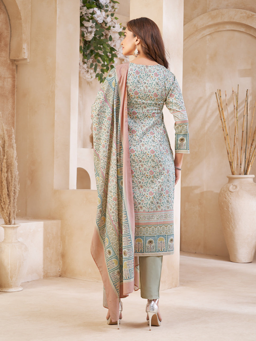 Light Green Floral Cotton Suit Set