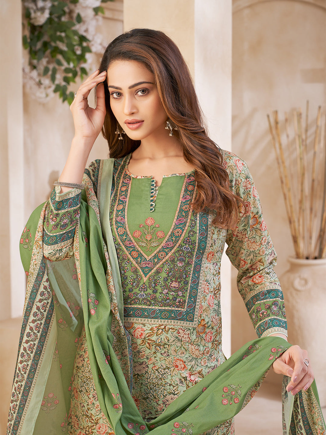 Green Floral Cotton Suit Set