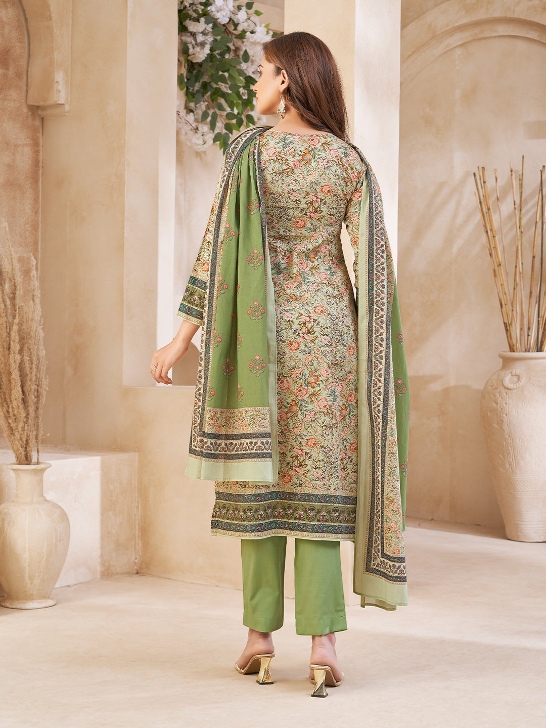 Green Floral Cotton Suit Set