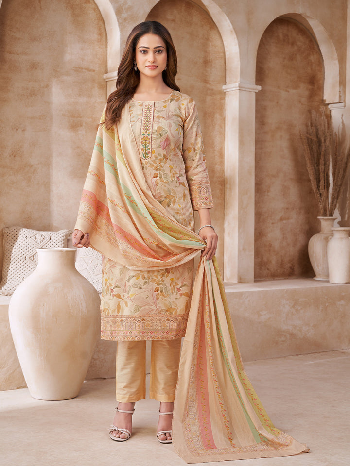 Beige Floral Cotton Suit Set
