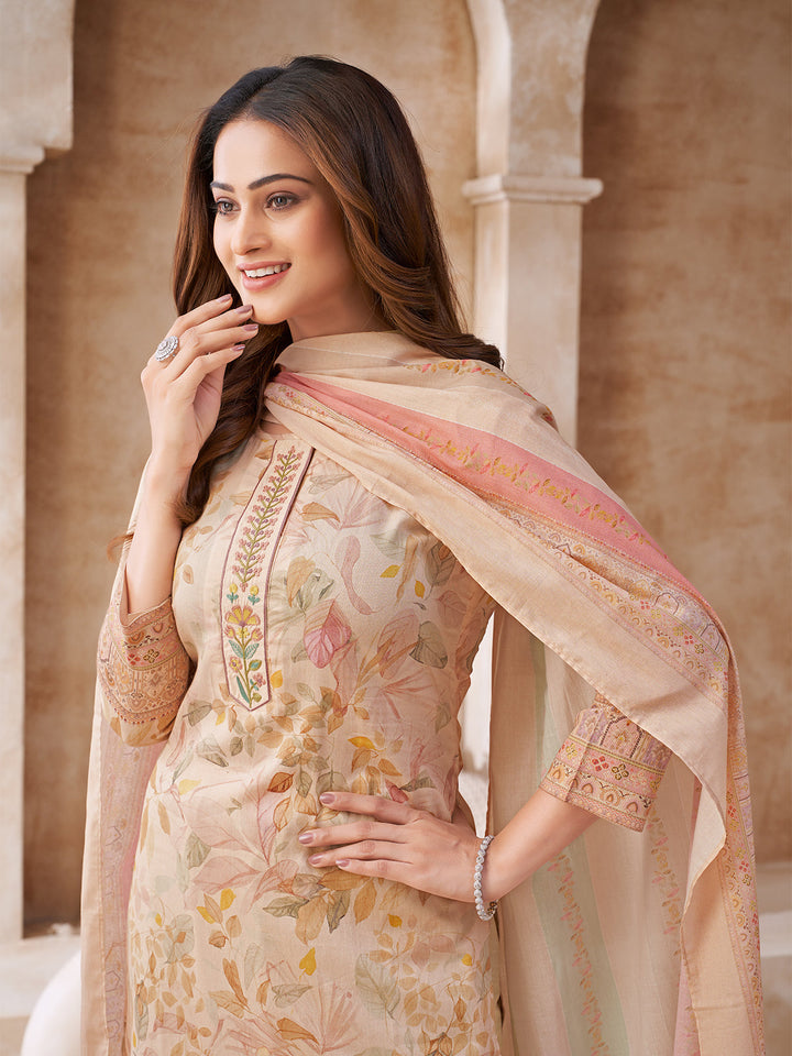 Beige Floral Cotton Suit Set