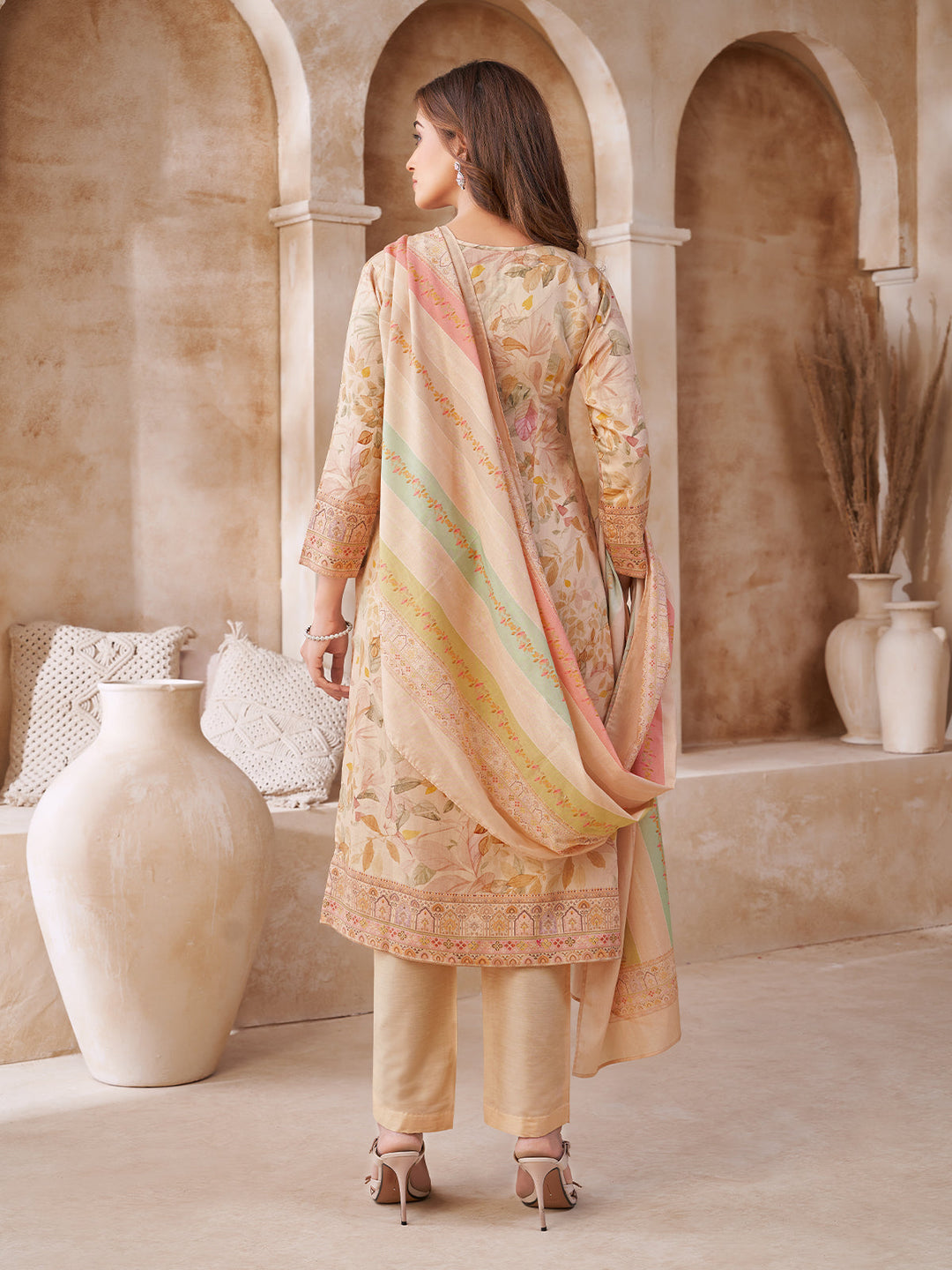 Beige Floral Cotton Suit Set