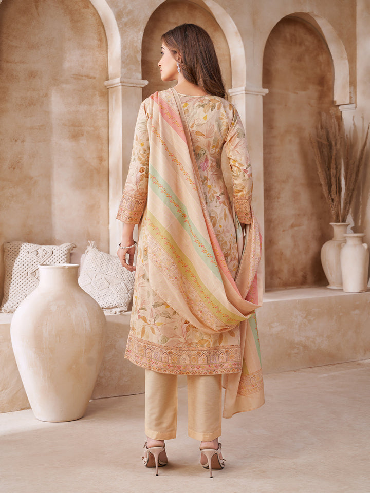 Beige Floral Cotton Suit Set