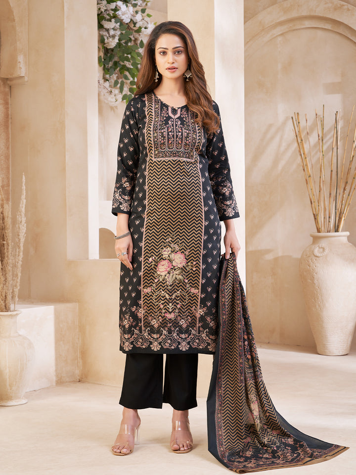 Black Floral Cotton Suit Set