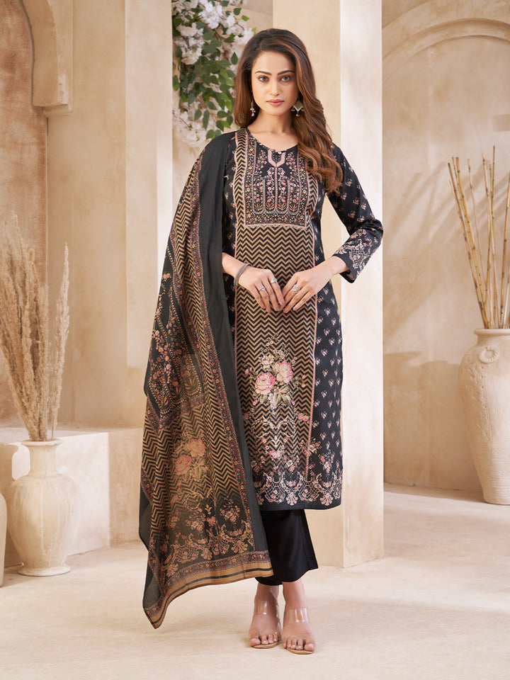 Black Floral Cotton Suit Set