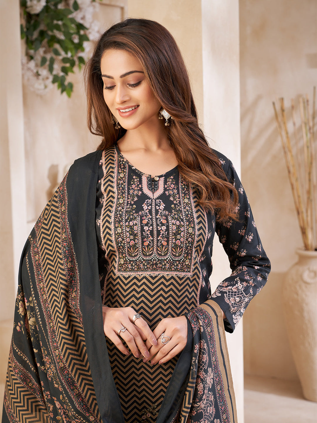 Black Floral Cotton Suit Set