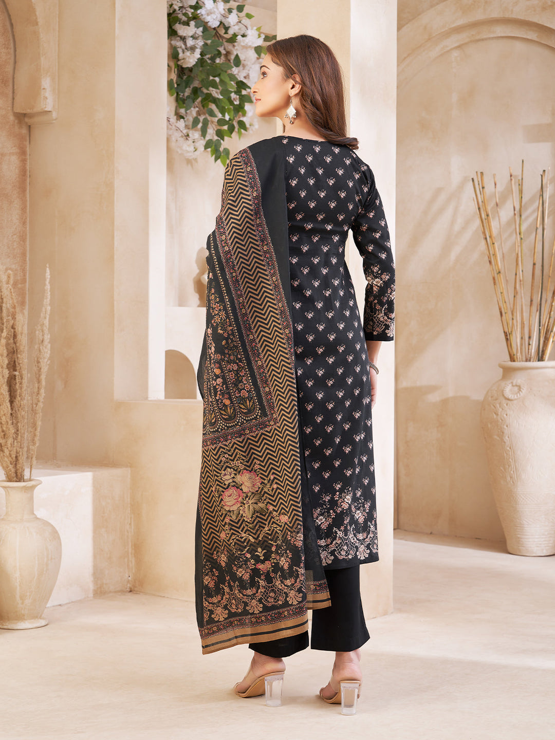 Black Floral Cotton Suit Set