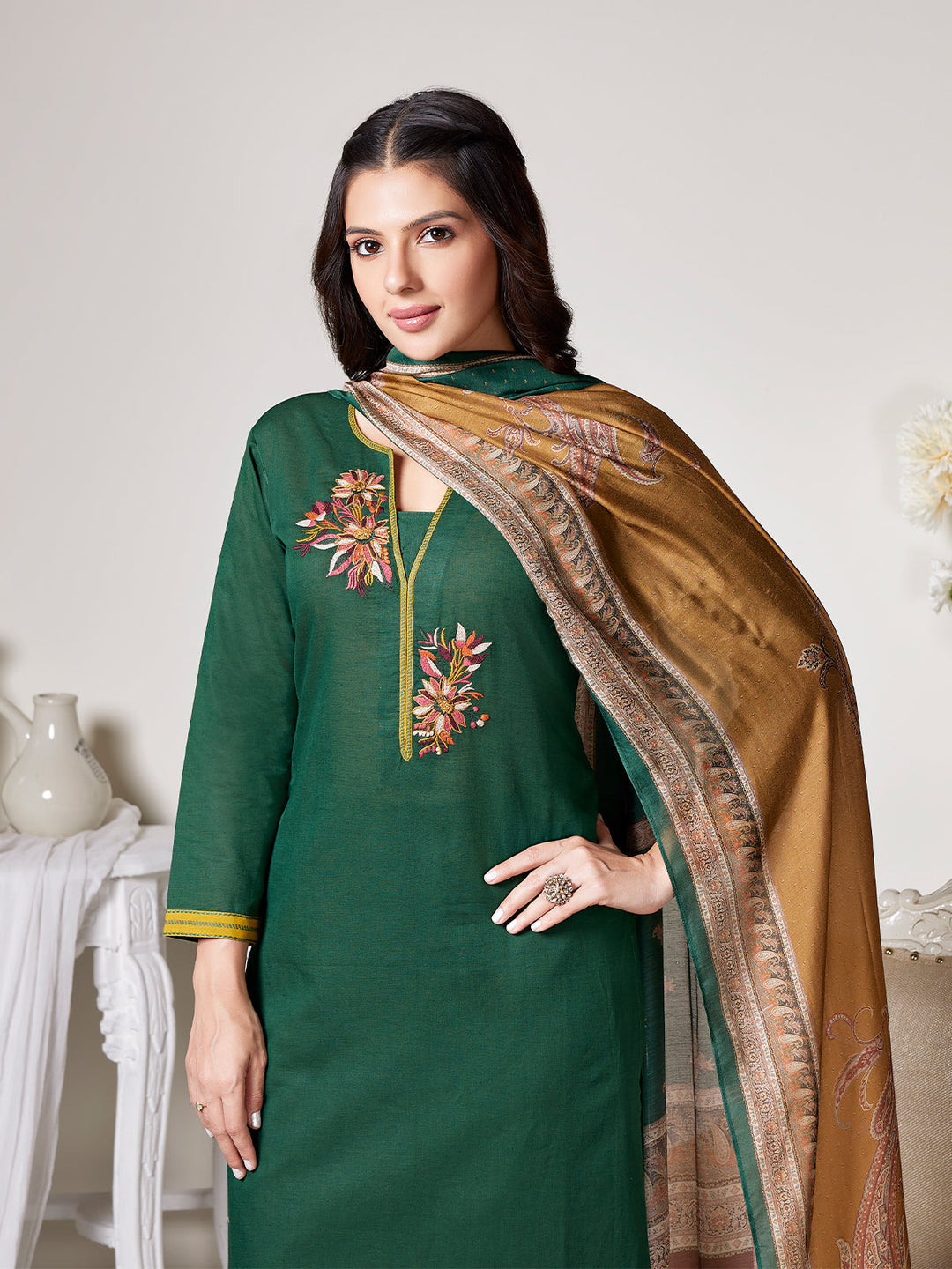 Green Cotton-Linen Suit Set