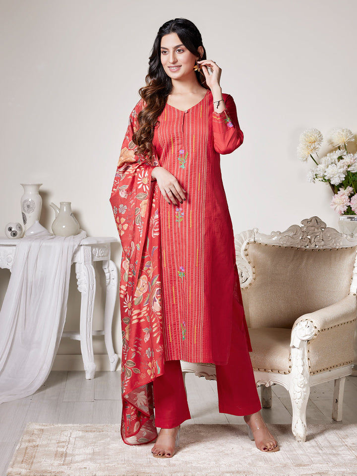 Red Cotton-Linen Suit Set